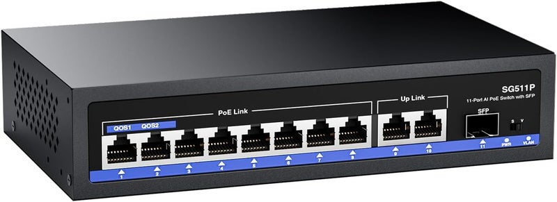 AUMOX PRO 11-Port PoE Gigabit Switch, 8 PoE+ Port, 2 Gigabit Uplink, 1 SFP Port, 120W AI Detection, Qos, Fanless Metal Plug & Play Unmanaged Network Switch - Image 1